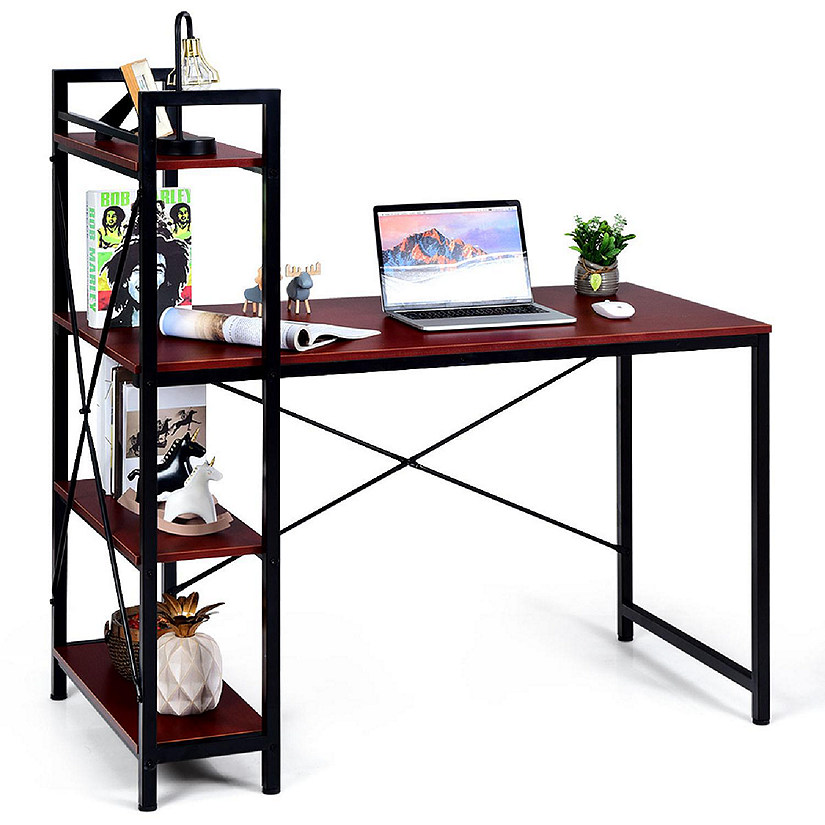 Costway 47.5'' Compact Computer Desk With 4-Tier Storage Bookshelves for Home Office Brown Image