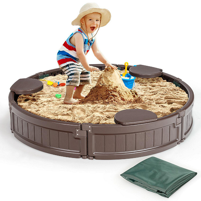 Costway 4F Wooden Sandbox w/Built-in Corner Seat, Cover, Bottom Liner for Outdoor Play Image