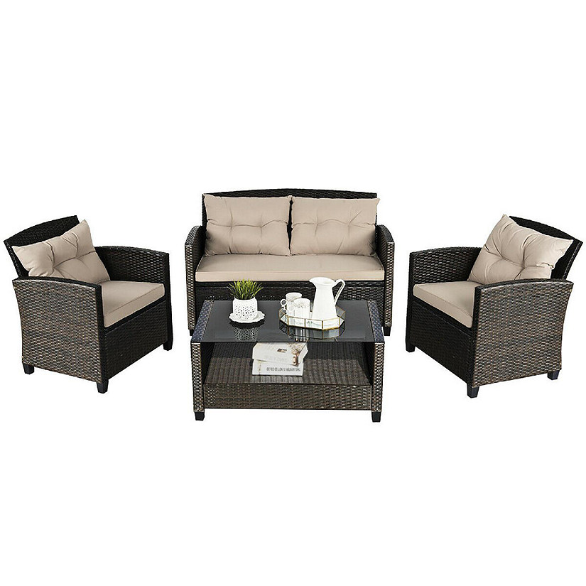 Costway 4PCS Outdoor Rattan Furniture Set Cushioned Sofa Armrest Chair Lower Shelf Brown Image