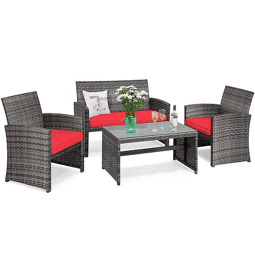Costway 4PCS Patio Rattan Conversation Glass Table Top Cushioned Sofa Red Image