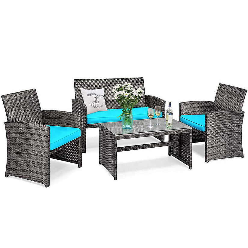 Costway 4PCS Patio Rattan Furniture Set Conversation Glass Table Top Cushioned Sofa Outdoor Turquoise Image