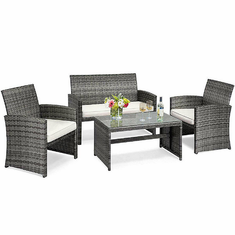 Costway 4PCS Patio Rattan Furniture Set Conversation Glass Table Top Cushioned Sofa White Image