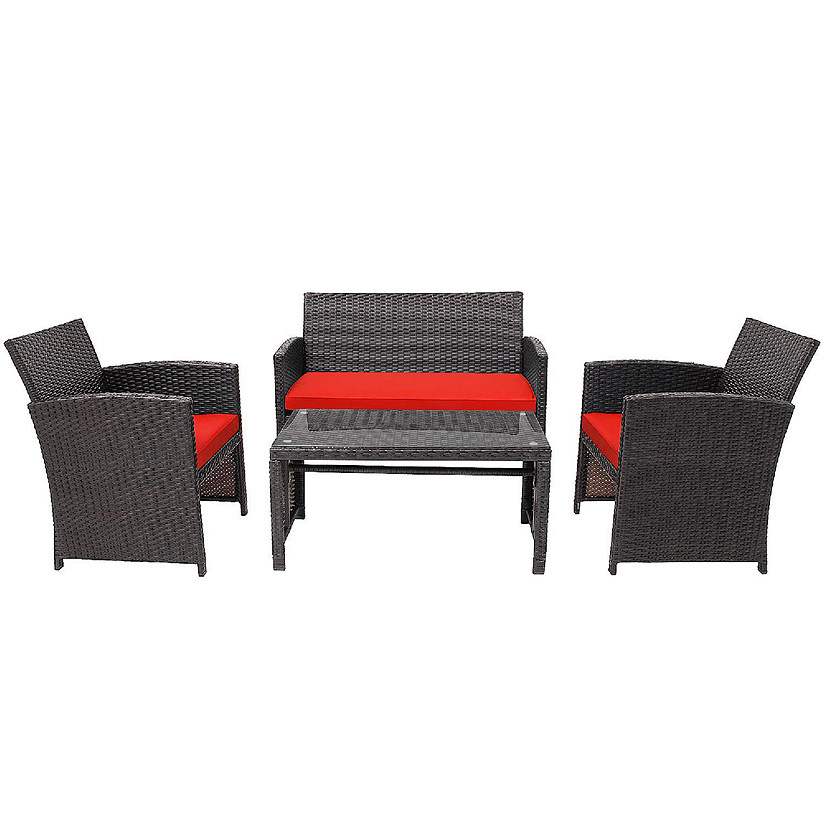 Costway 4PCS Patio Rattan Furniture Set Cushioned Chair Sofa Coffee Table Red Image