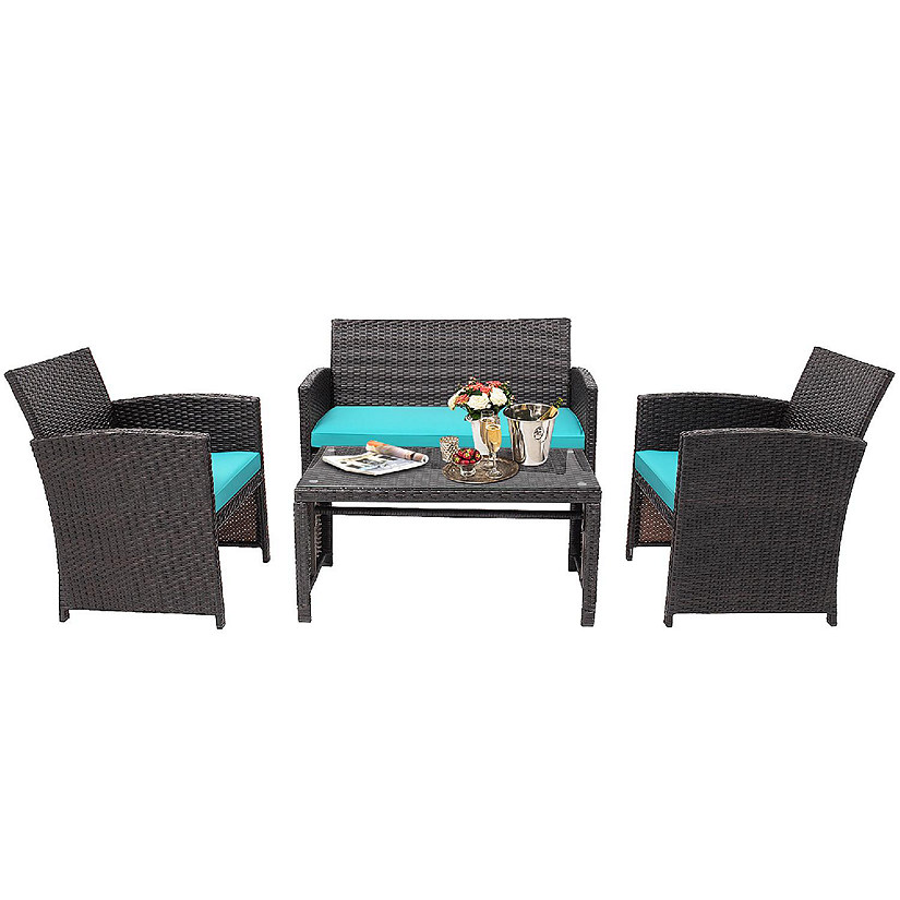 Costway 4PCS Patio Rattan Furniture Set Cushioned Chair Sofa Coffee Table Turquoise Image