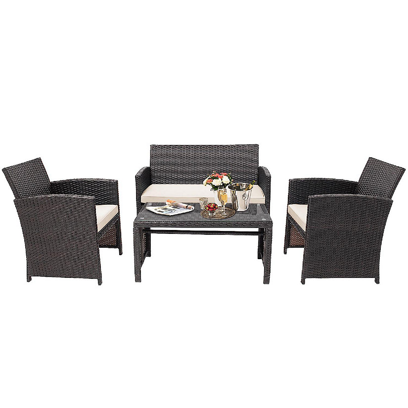 Costway 4PCS Patio Rattan Furniture Set Cushioned Chair Sofa Coffee Table White Image