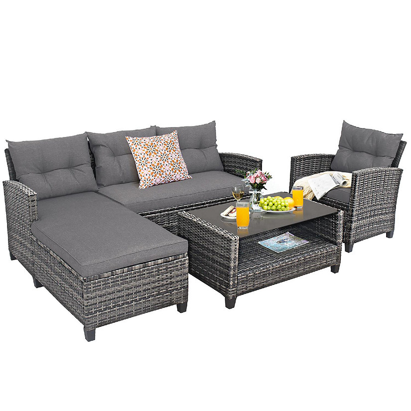 Costway 4PCS Patio Rattan Furniture Set Cushioned Loveseat Table Shelf Gray Image