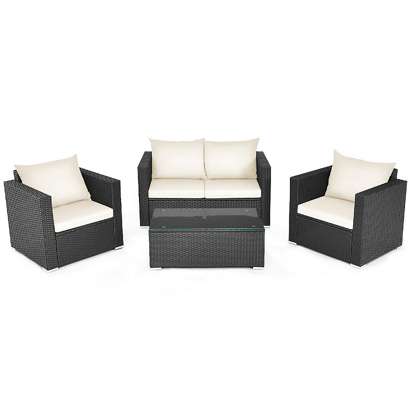 Costway 4PCS Patio Rattan Furniture Set Cushioned Sofa Chair Coffee Table Off White Image