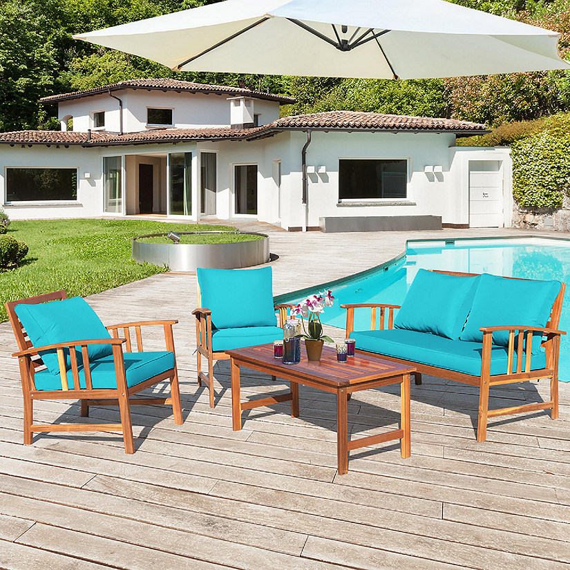 Costway 4PCS Wooden Patio Furniture Set Table Sofa Chair Cushioned Garden Turquoise Image