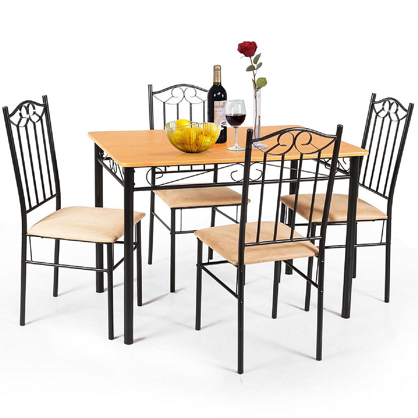 Costway 5 PC Dining Set Wood Metal 30" Table and 4 Chairs Black Kitchen Breakfast Furniture Image