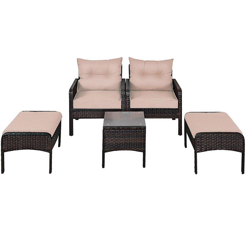 Costway 5 PCS Rattan Wicker Furniture Set Sofa Ottoman W/Brown Cushion Patio Garden Yard Image