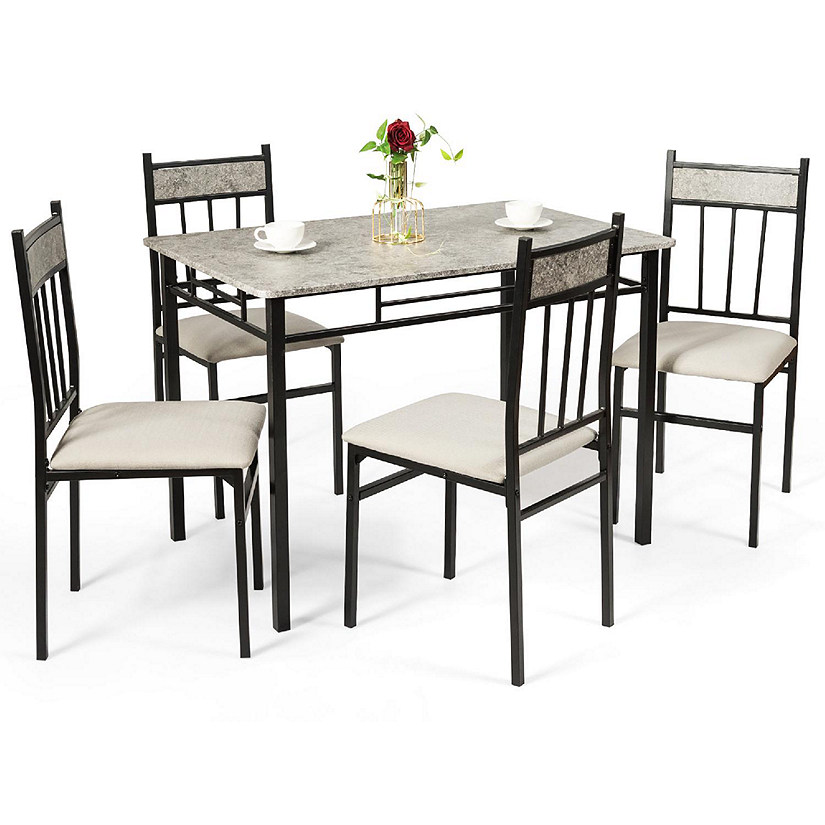 Costway 5 Piece Dining Set Faux Marble Top Table 30'' and 4 Padded Seat Chairs W/ Metal Legs Image