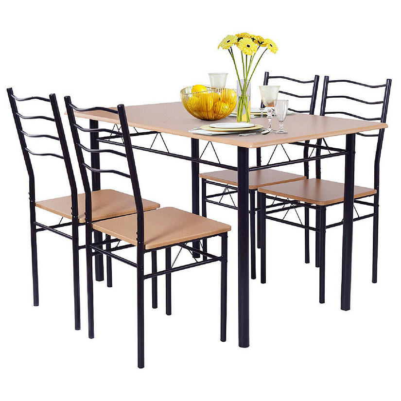 Costway 5 Piece Dining Table Set 29.5" with 4 Chairs Wood Metal Kitchen Breakfast Furniture Brown Image