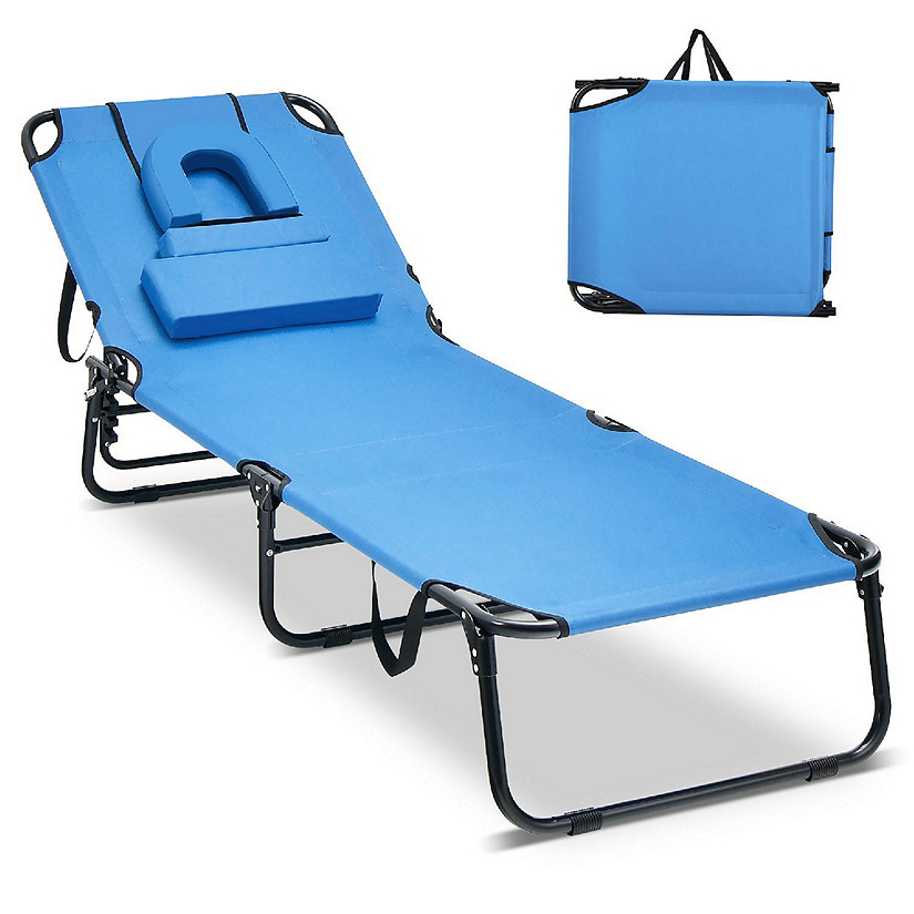 Costway 5-Position Adjustable Backrest  Beach Chaise Lounge Chair with Face Hole Pillows Image