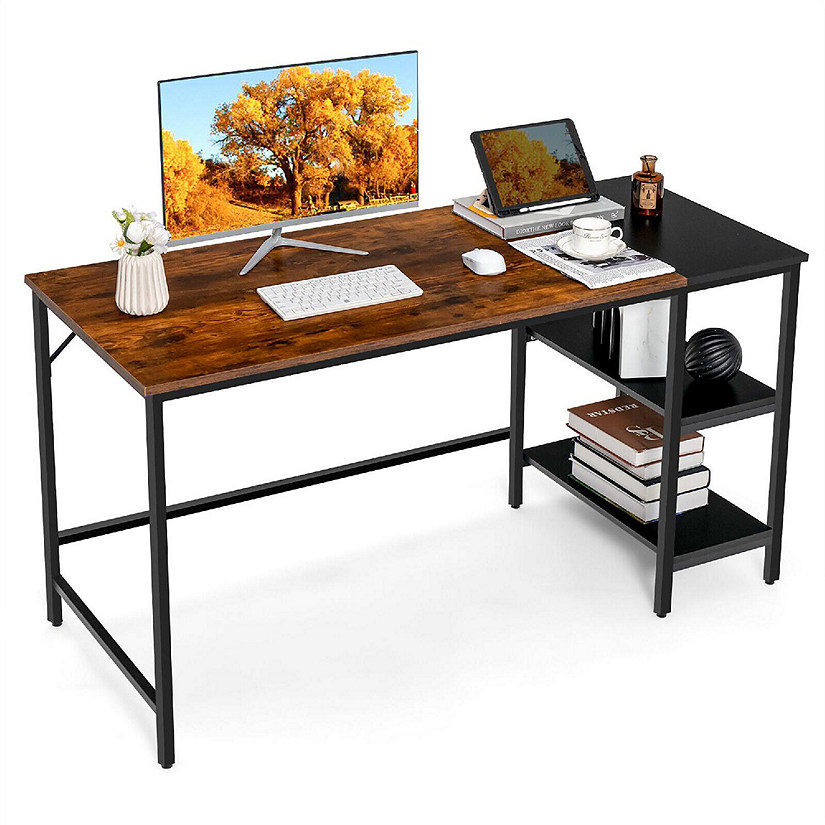 Costway 55'' Computer Desk Writing Workstation Study Table Home Office with Bookshelf Rustic Image