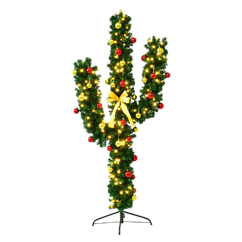 Costway 5Ft Pre-Lit Cactus Christmas Tree LED Lights Ball Ornaments Image