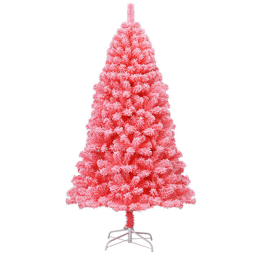 Costway 6.5ft Snow Flocked Hinged Artificial Christmas Tree w/ Metal Stand Pink Image