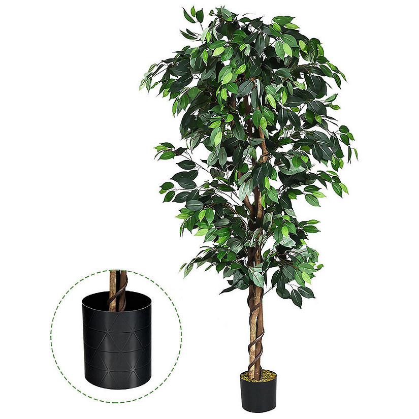 Costway 6 Feet Artificial Ficus Silk Tree Wood Trunks Green In/Outdoor Home Decor Image