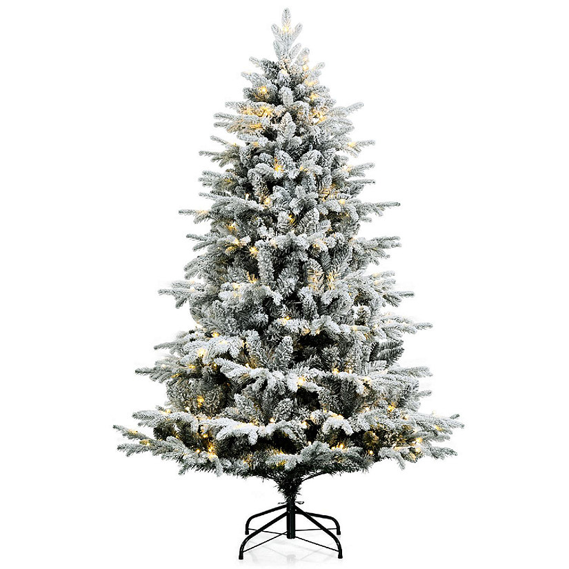 Costway 6 FT Pre-Lit Flocked Christmas Tree Hinged w/ 260 LED Lights & 1415 Branch Tips Image