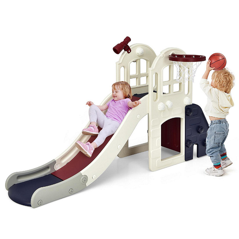 Costway 6-In-1 Large Slide for Kids Toddler Climber Slide Playset w/ Basketball Hoop Blue Image