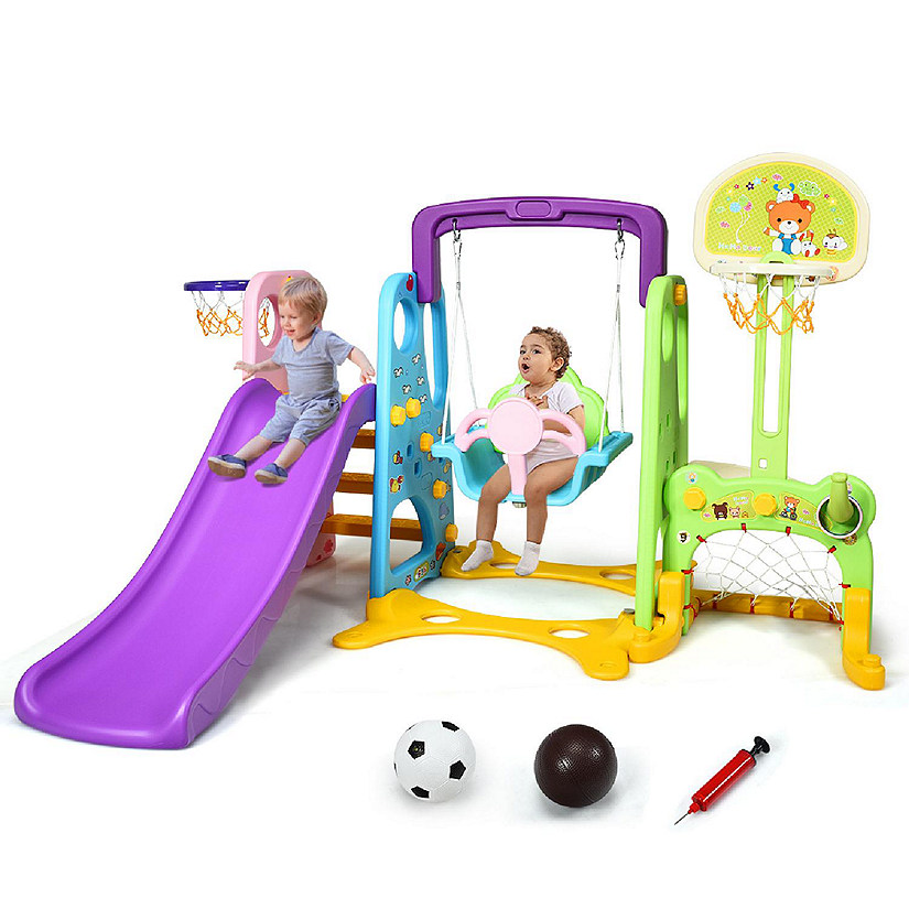 Costway 6 In 1 Toddler Climber and Swing Set w/ Basketball Hoop & Football Gate Backyard Image