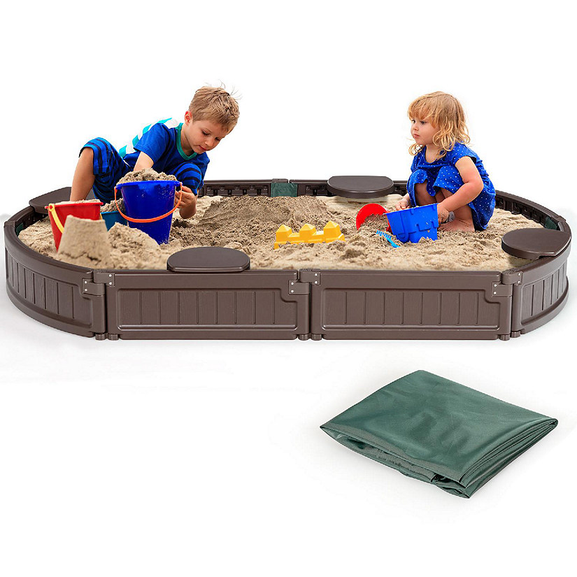 Costway 6F Wooden Sandbox w/Built-in Corner Seat, Cover, Bottom Liner for Outdoor Play Image