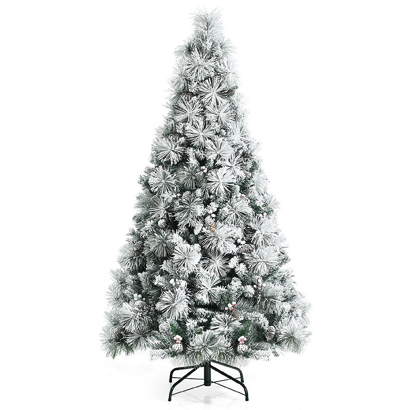 Costway 6ft Artificial Christmas Tree, Snow Flocked Hinged Xmas Tree w/ Pine Needles, Red Berries, Pine Cones & Metal Base Image