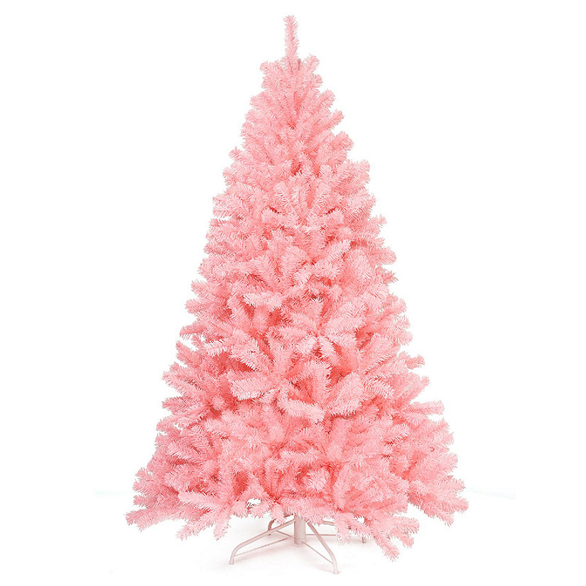Costway 6Ft Hinged Artificial Christmas Tree Full Fir Tree New PVC w/ Metal Stand Pink Image