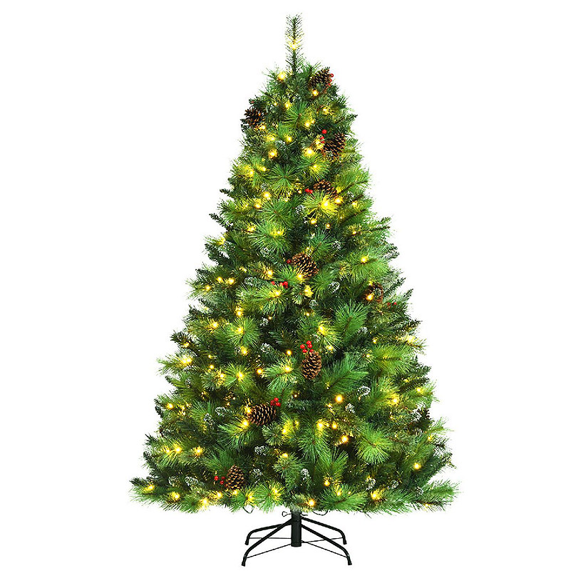 Costway 6ft Pre-lit Hinged Artificial Christmas Tree w/Pine Cones & Red Berries Image