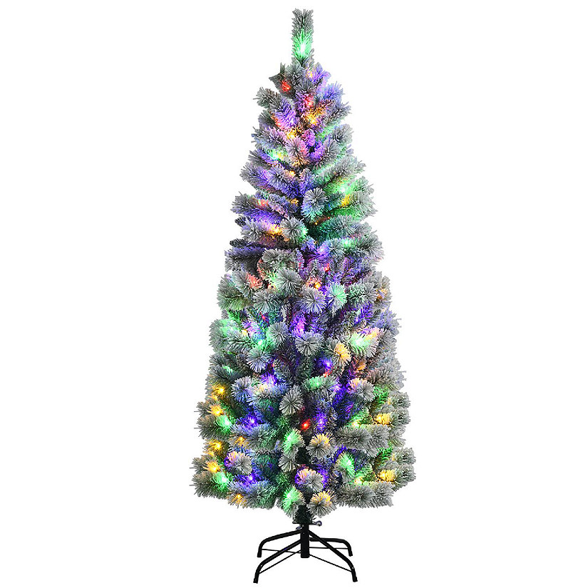 Costway 6FT Pre-Lit Hinged Christmas Tree Snow Flocked w/9 Modes Remote Control Lights Image