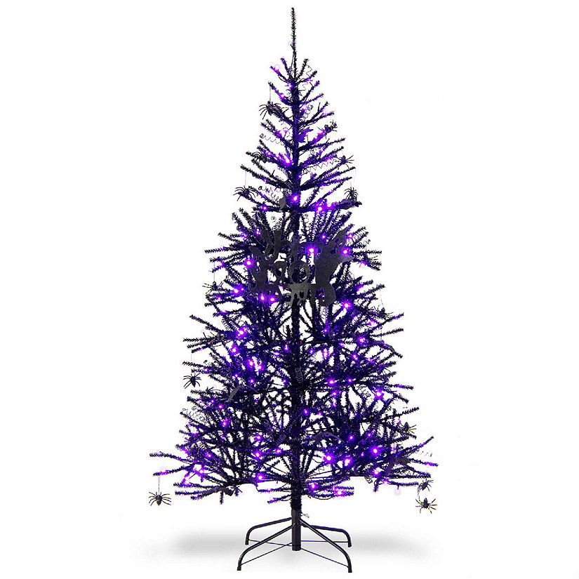 Costway 6FT Pre-Lit Hinged Halloween Tree Black w/ 250 Purple LED Lights & 25 Ornaments Image