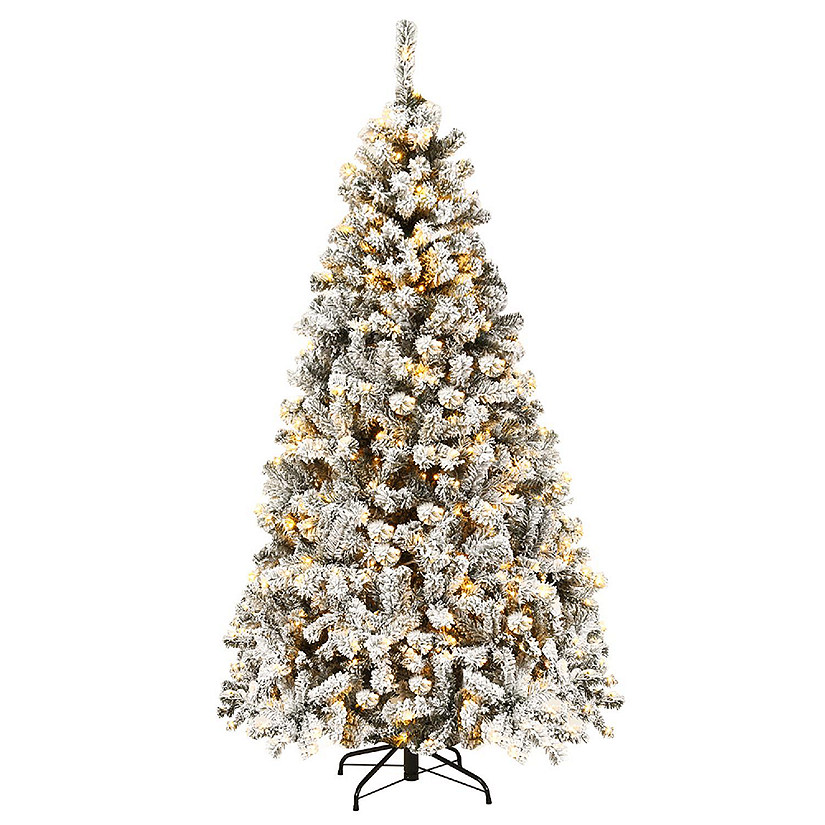 Costway 6ft Pre-Lit Premium Snow Flocked Hinged Artificial Christmas Tree with 250 Lights Image