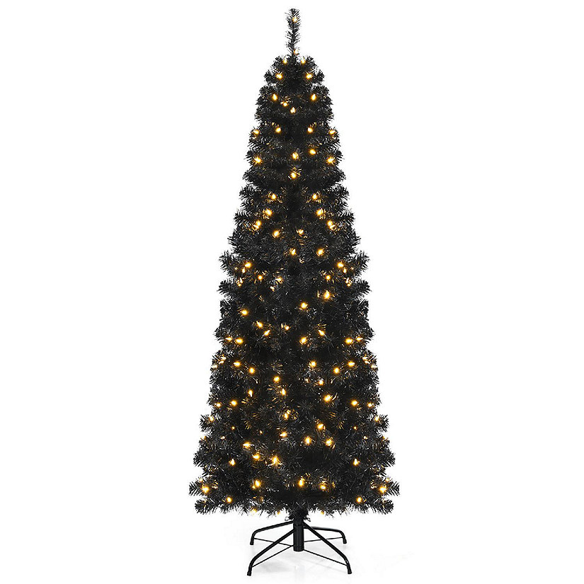 Costway 6ft Pre-lit PVC Christmas Pencil Tree Black w/ 300 LED Lights Image