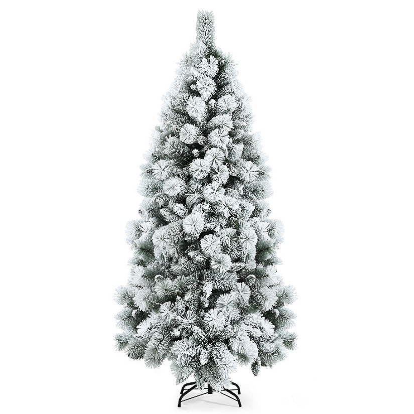 Costway 6ft Snow Flocked Hinged Artificial Slim Christmas Tree with Pine Needles Image