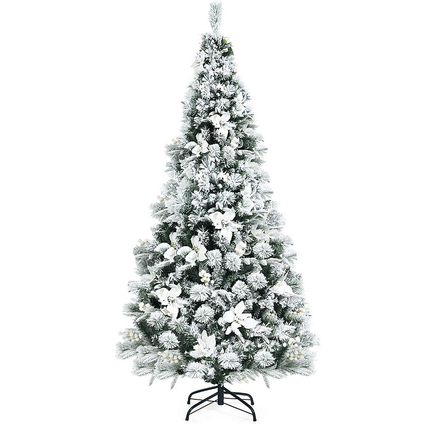 Costway 6ft Snow Flocked Hinged Christmas Tree w/Berries & Poinsettia Flowers Image