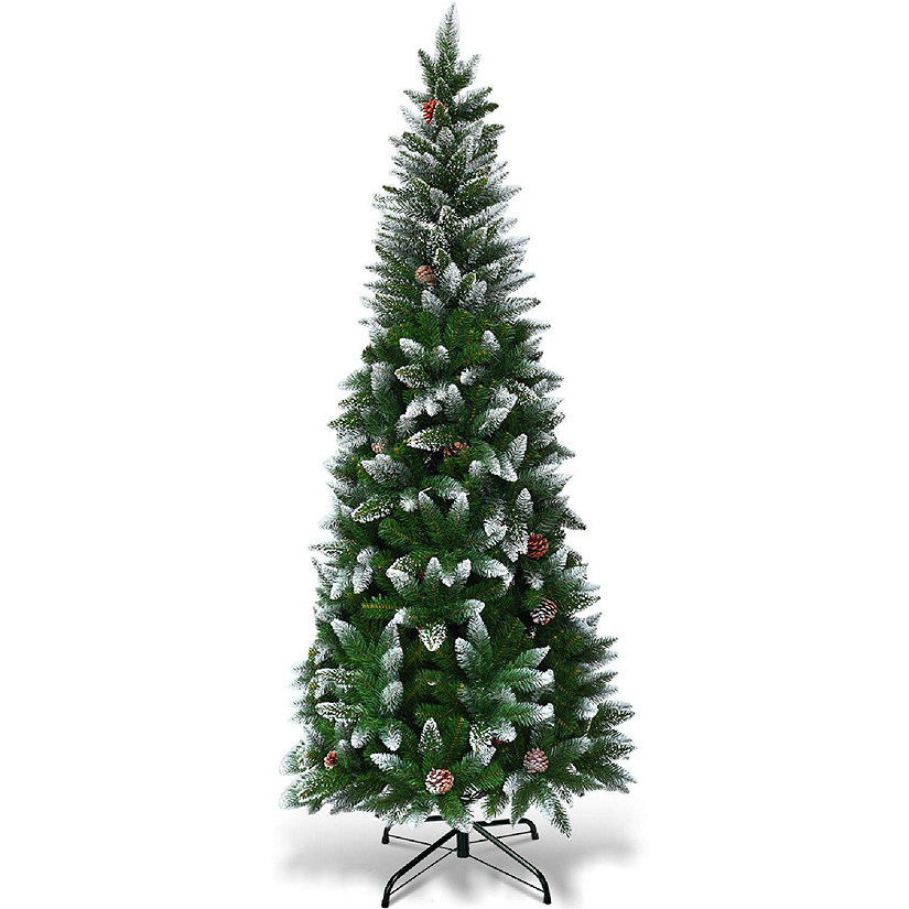 Costway 6ft Snow Flocked Unlit Pencil Christmas Tree Hinged Pine Cones Image