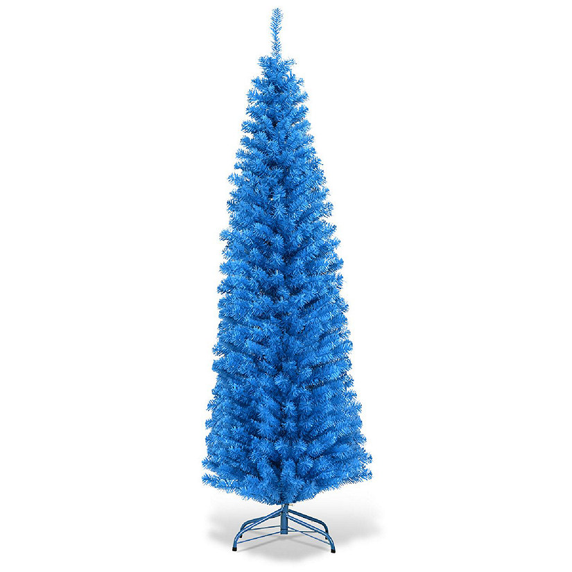 Costway 6FT Unlit Pencil Slim Tree Artificial Christmas Tree Metal/Blue Image
