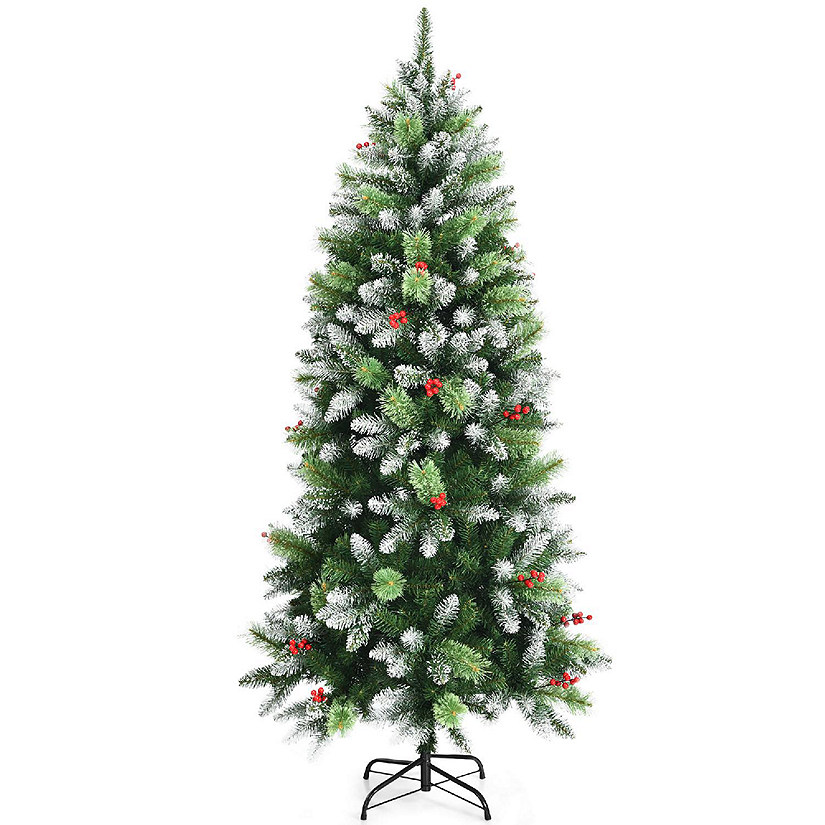 Costway 6ft Unlit Snowy Hinged Artificial Christmas Pencil Tree w/ Red Berries Image
