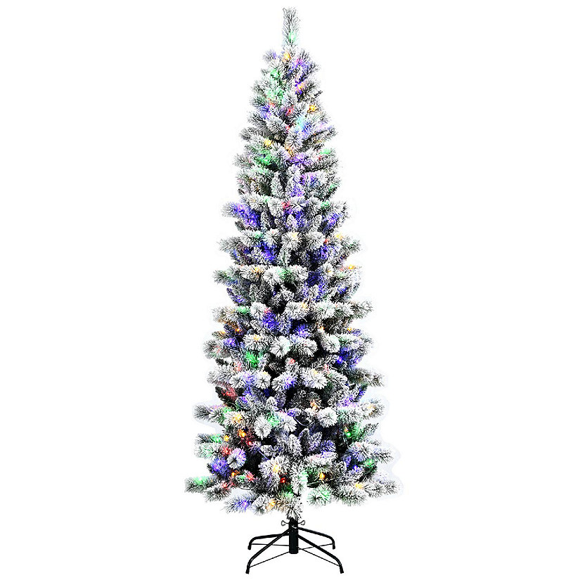 Costway 7.5FT Pre-Lit Hinged Christmas Tree Snow Flocked w/9 Modes Remote Control Lights Image