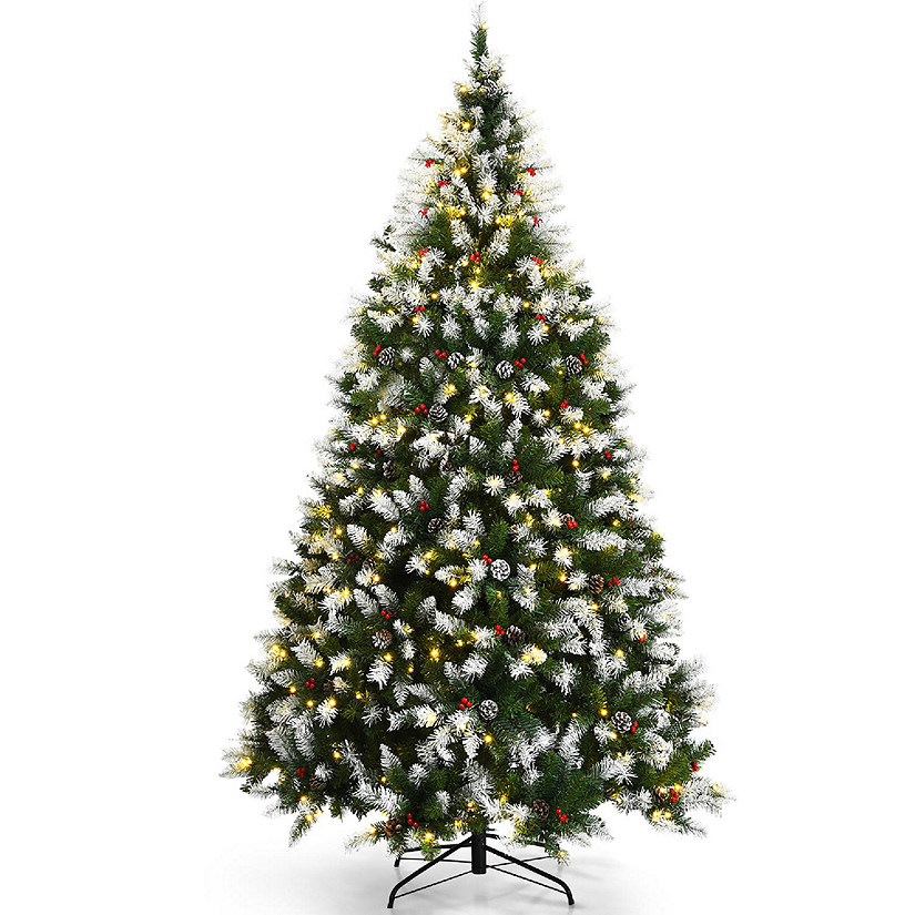 Costway 7.5ft Pre-lit Snowy Christmas Tree 1398 Tips w/ Pine Cones & Red Berries Image