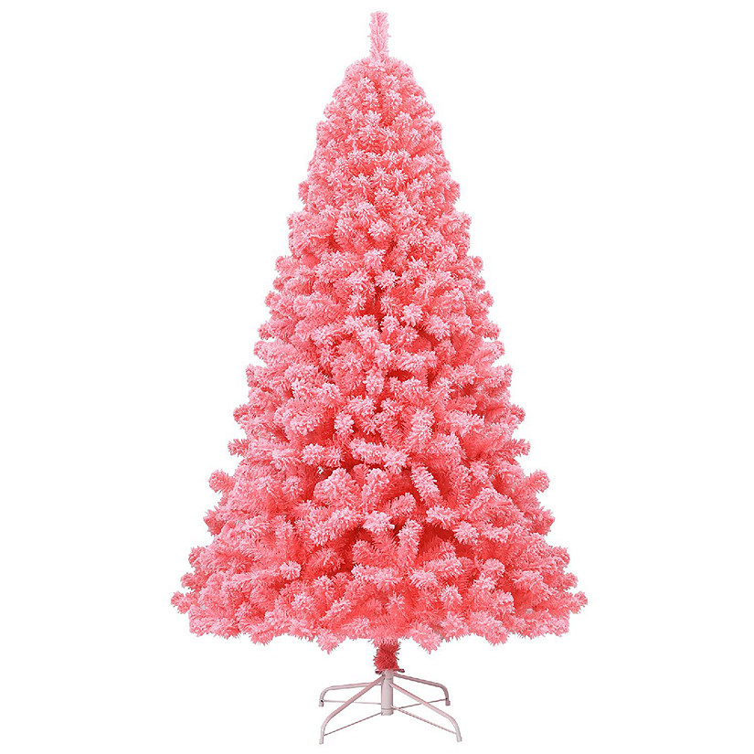 Costway 7.5ft Snow Flocked Hinged Artificial Christmas Tree w/ Metal Stand Pink Image