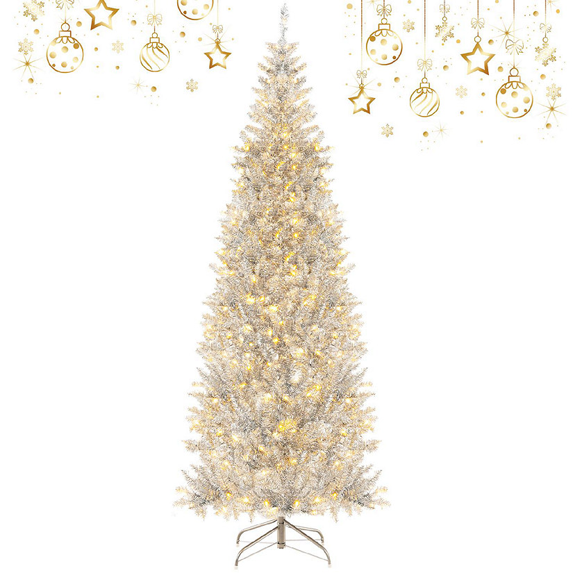 Costway 7FT Pre-lit Artificial Silver Tinsel Xmas Tree with 1030 Branch Tips 400 LED Lights Image