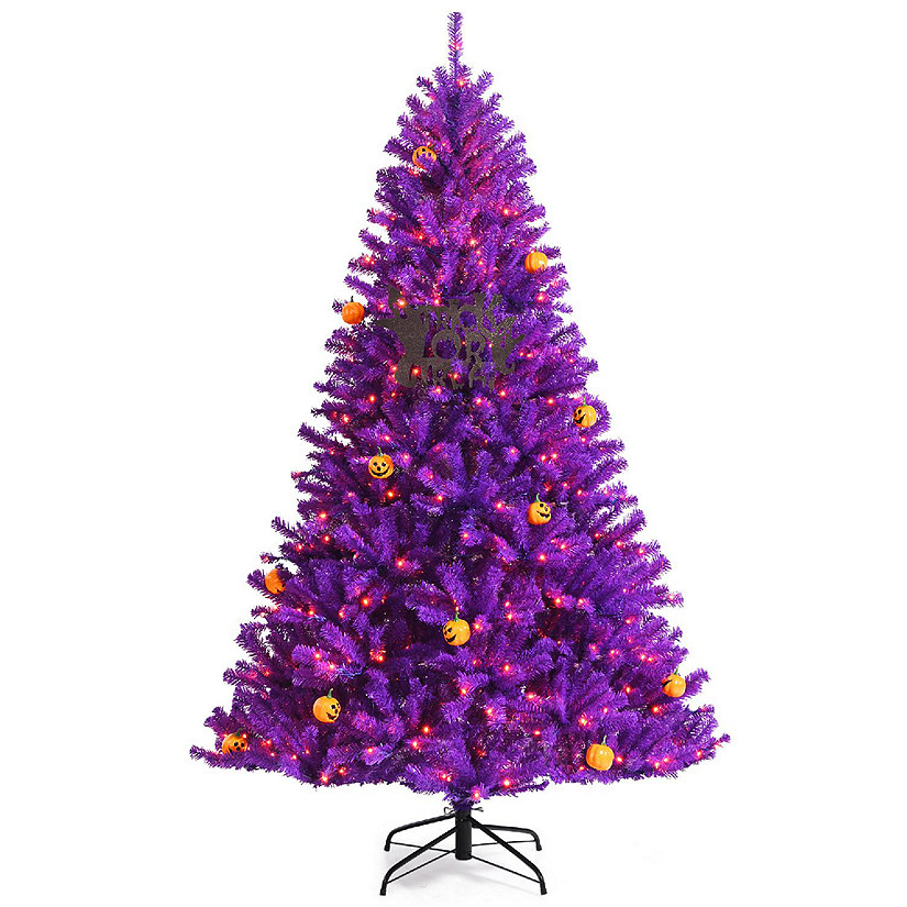 Costway 7ft Pre-lit Purple Halloween Christmas Tree w/ Orange Lights Pumpkin Decorations Image