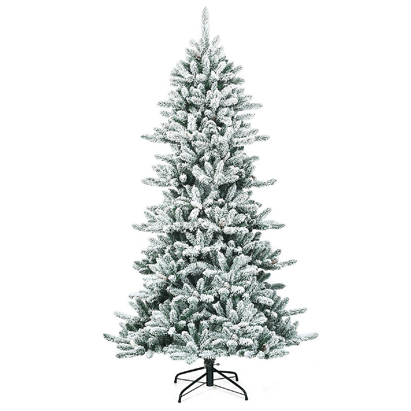 Costway 7Ft Premium Hinged Snow Flocked Slim Artificial Christmas Fir Tree w/ Pine Cones Image
