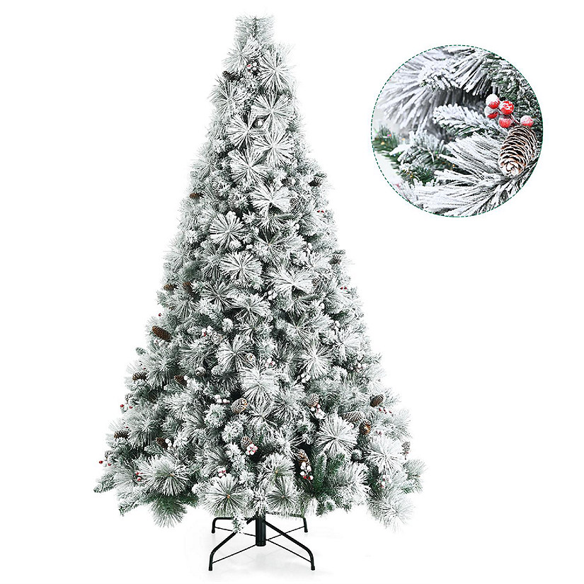 Costway 7ft Snow Flocked Christmas Tree Glitter Tips w/ Pine Cone & Red