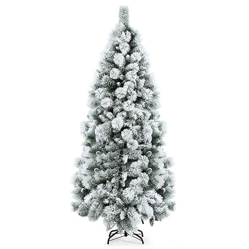 Costway 7ft Snow Flocked Hinged Artificial Slim Christmas Tree with Pine Needles Image