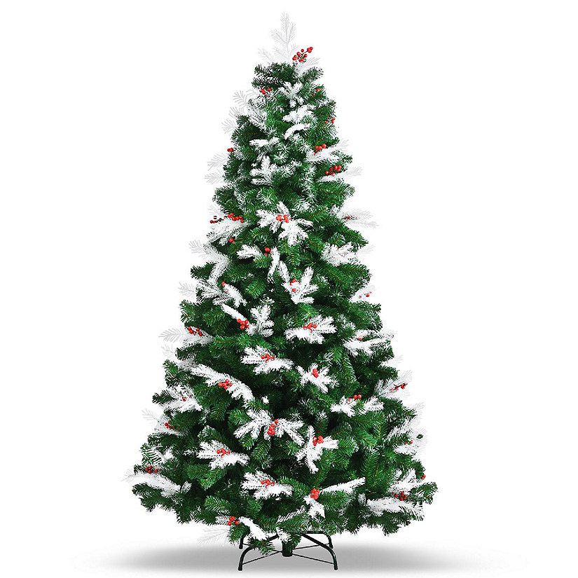 Costway 7ft Unlit Snowy Hinged Christmas Tree w/ 1180 Mixed Tips & Red Berries Image