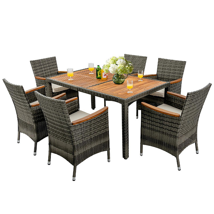 Costway 7PCS Patio Rattan Dining Set Acacia Wood Table Cushioned Chair Mix Gray Image