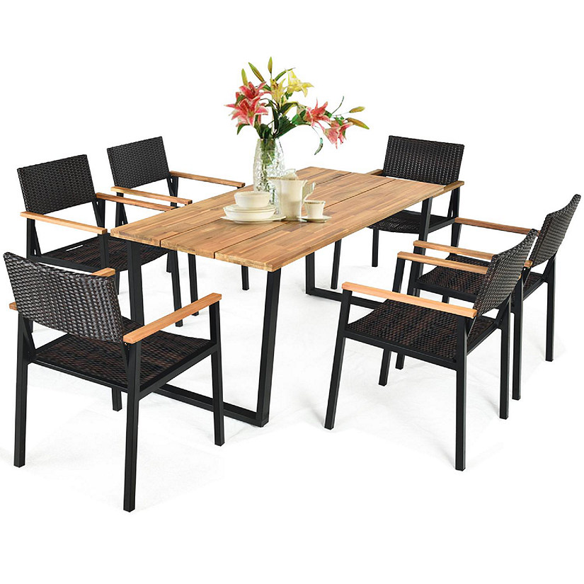 Costway 7PCS Patio Rattan Patented Dining Chair Table Set Solid Wood Frame Umbrella Hole Image