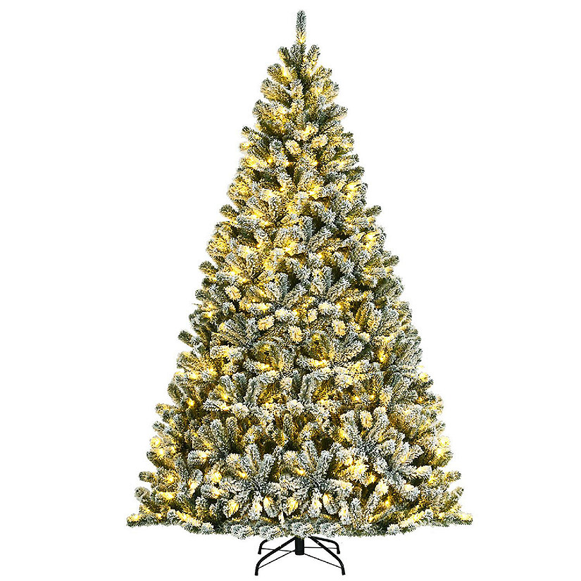 Costway 8ft Pre-lit Snow Flocked Hinged Christmas Tree w/1502 Tips & Metal Stand Image