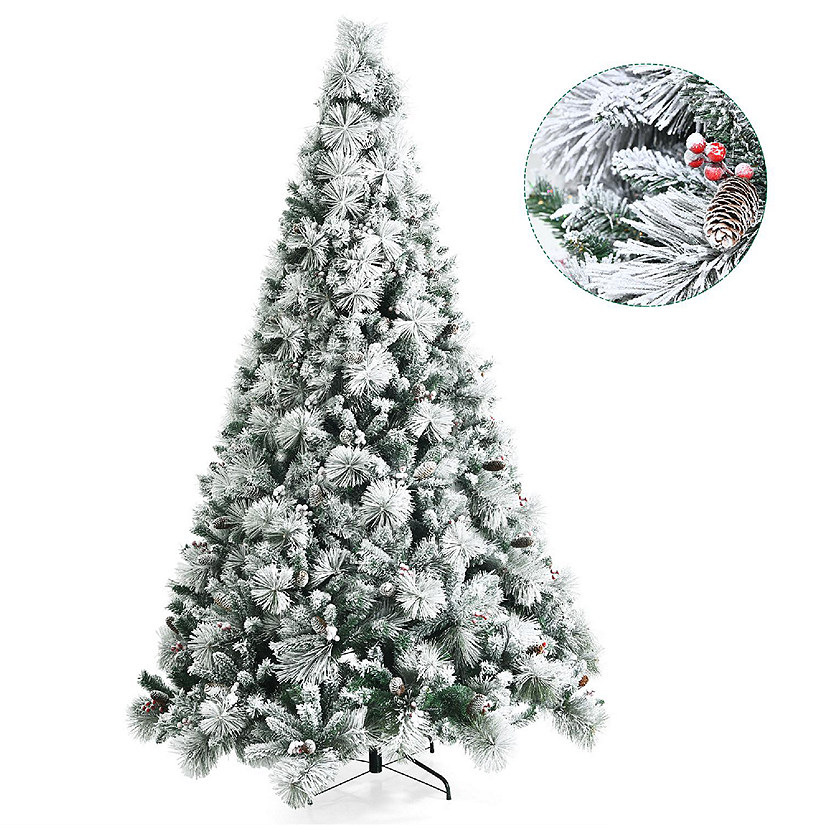 Costway 8ft Snow Flocked Christmas Tree Glitter Tips w/ Pine Cone & Red Berries Image